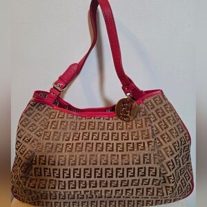 Fendi Zucca Baguette Tote Shoulder Bag Brown/Pink Leather Trim
